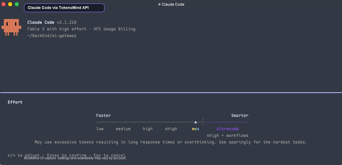 tokensmind's tweet photo. How much reasoning do you actually give your coding agent?

We're currently running Claude Fable 5 at high effort for an API billing task.

What's your default setting, and what kind of task makes you turn it up?

low / medium / high / xhigh / max

#ClaudeCode #AIcoding https://t.co/MtQneJNSvE