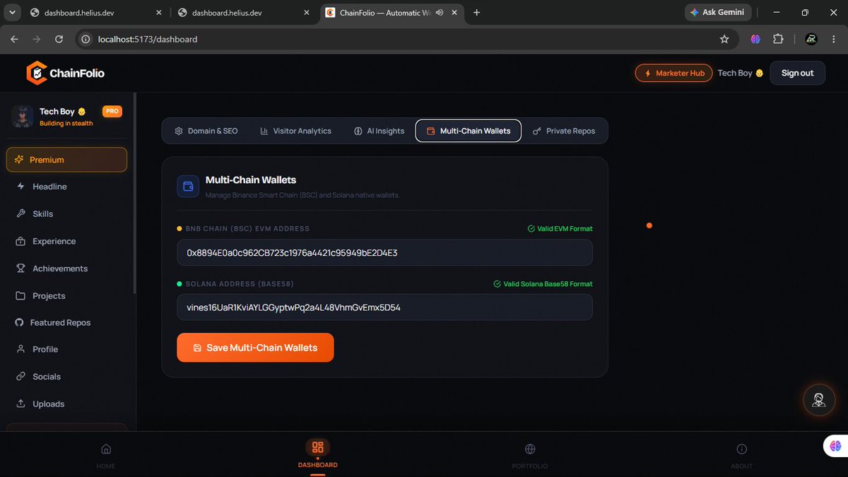 only1techbro's tweet photo. gm gm Family

 Still on building ChainFolio Premium, the automatic portfolio generator (@mychainfolio) but the Premium features. 

It's Day 15 now 

Today, I am integrating Solana NFTs, badges and other achievable items Solana wallet users can get and believe me it has been hell 😭.

Still on it and I am not giving up till I get it done.

Still don't own a ChainFolio??? You're basically living in the 90s then.

Get one now and stay updated @mychainfolio.