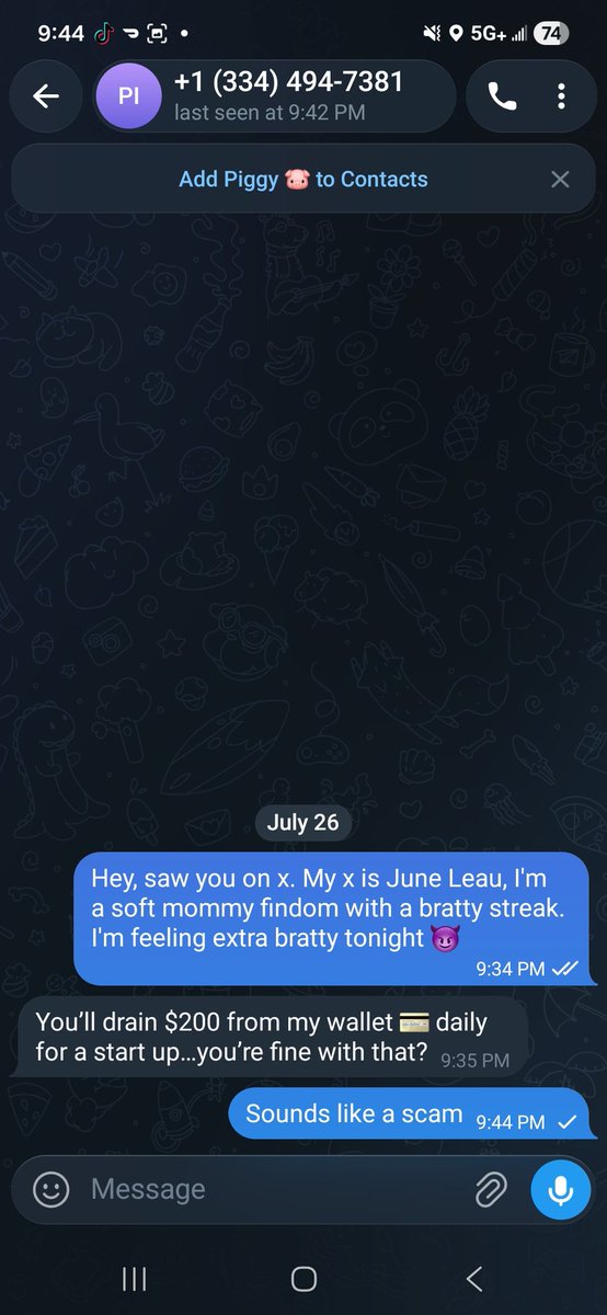 JuneLeau's tweet photo. @loserr_96 He's a scammer ladies. I don't know what got into me but I wanted to check for sure (I usually dont because they're all the same). Yeah anyone asking this dumb question is baiting and scamming. https://t.co/5aheCNP0Vj