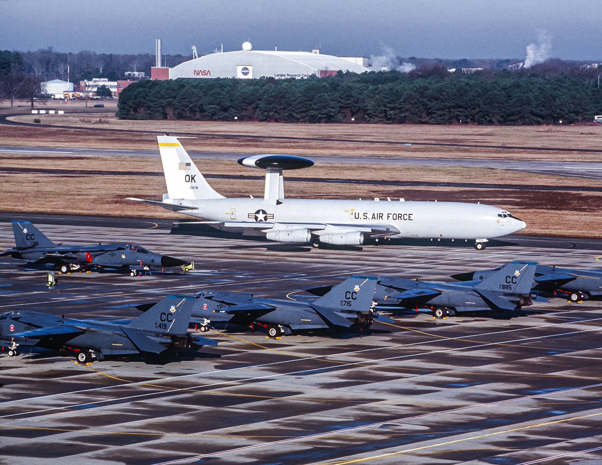 kadonkey's tweet photo. 27th Wing F-111F Aardvarks from NM at Langley. An E-3B Sentry in back. JTF 95 exercise (k.r. munzy) https://t.co/96ffpBPMG2