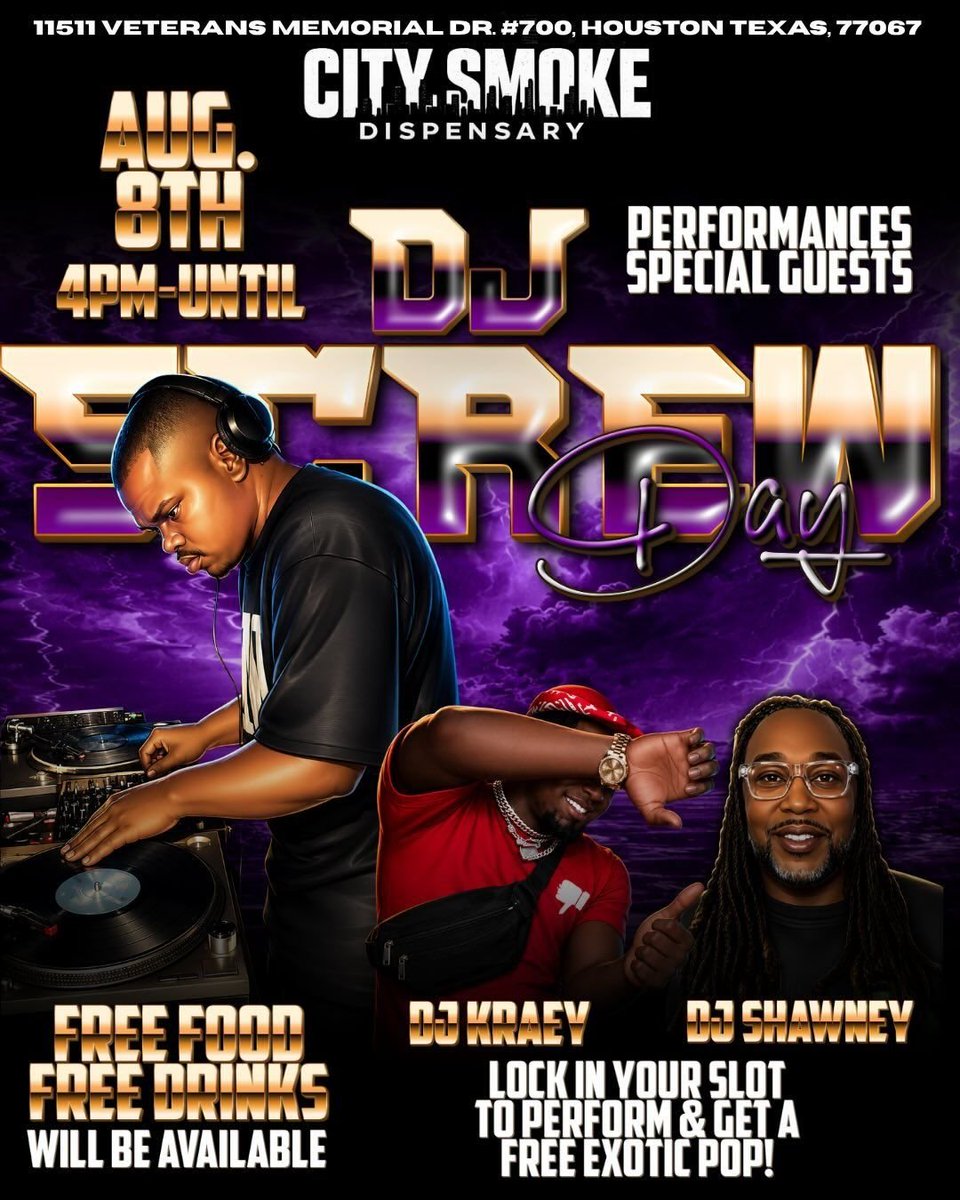 Bigheffey's tweet photo. DJ SCREW DAY π€πΎβΌοΈ
COME CELEBRATE π THE LEGACY & DAY OF SCREW
AUGUST 8TH ποΈ
POWERED BY @officialdjkraey & @djshawney
πCITY SMOKE DISPENSARY @citysmoke226 π
11511 VETERANS MEMORIAL #700
#djscrewday #longlivescrew #htx #houston https://t.co/mVDr0RhlnY