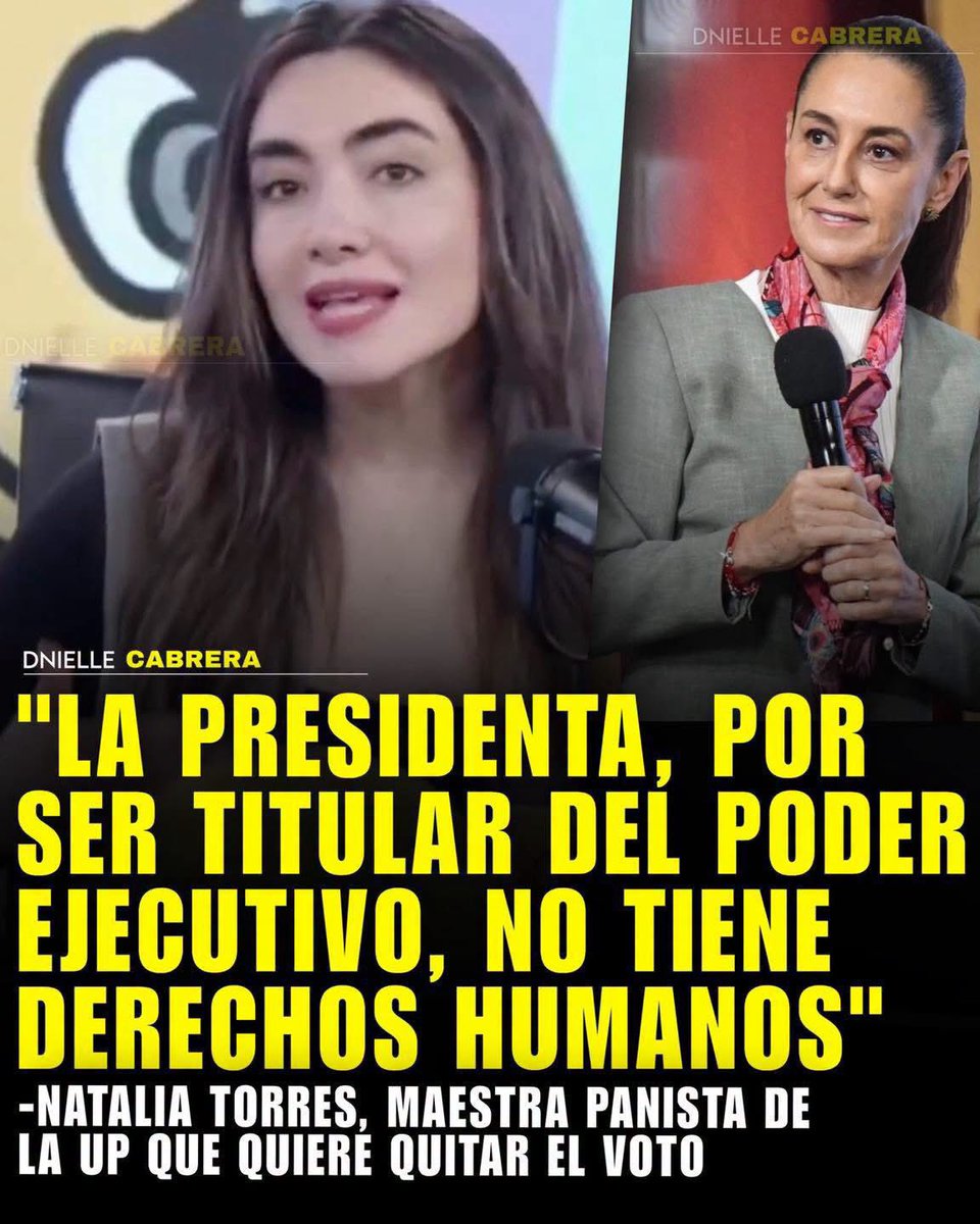 DnielleCabrera's tweet photo. 🚨🫪 AHORA SÍ CRUZÓ LA LÍNEA: Natalia Torres, la abogada panista y maestra de la UP, aseguró que la presidenta no tiene derechos humanos.

Hay, por lo menos, dos errores fundamentales:
Primero, la presidenta de la República no es el Estado.

Segundo, sí tiene Derechos Humanos.
Los Derechos Humanos no se suspenden ni desaparecen por ejercer una función pública, incluida la de titular del Poder Ejecutivo. Por el contrario, todas las personas son titulares de Derechos Humanos, independientemente del cargo que ocupen.

Esto es un conocimiento básico que se enseña desde los primeros semestres de la carrera de Derecho. Sinceramente, nunca había escuchado una afirmación tan equivocada en esta materia.