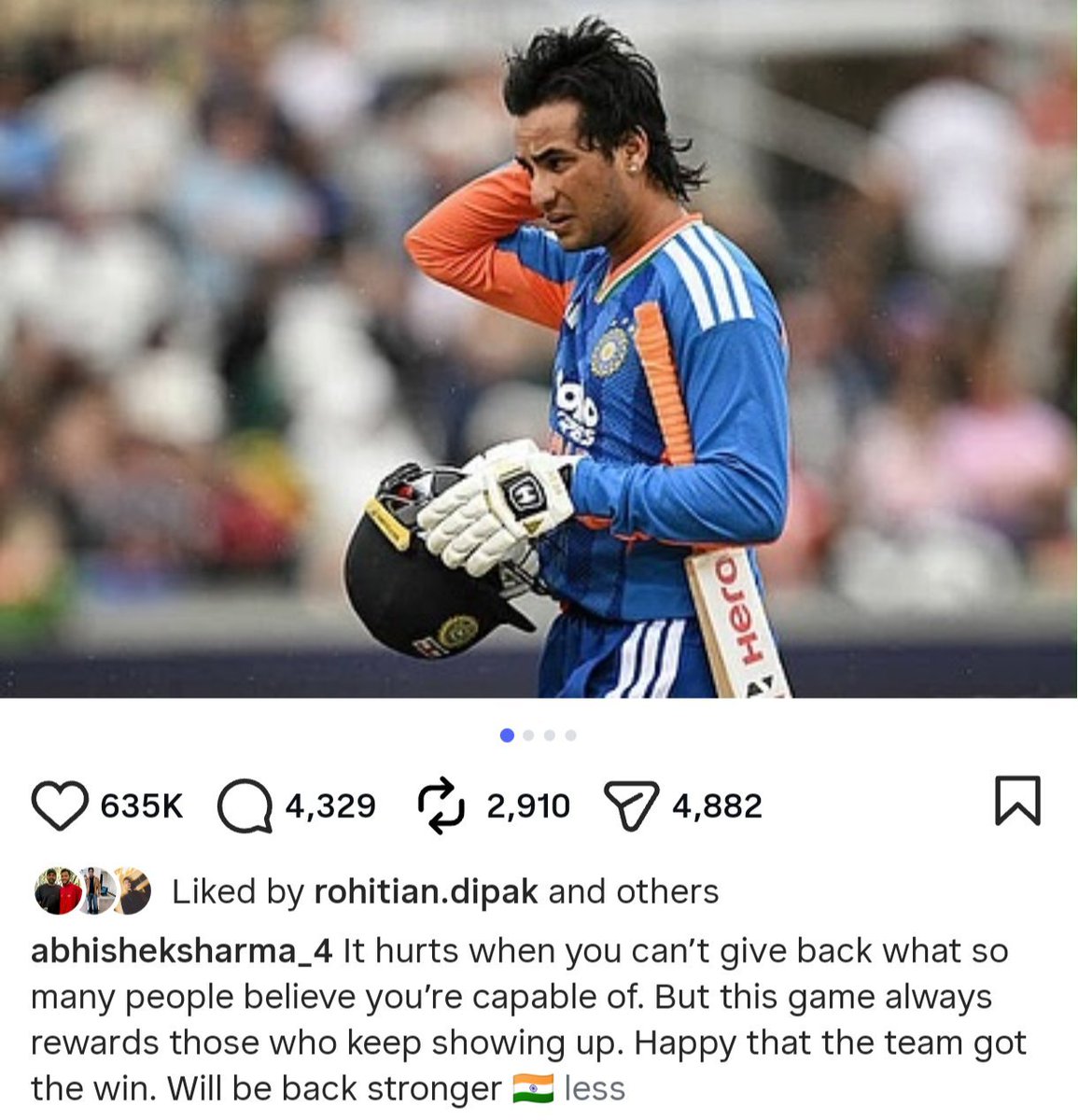 TheWicketMetric's tweet photo. Instagram Post of Abhishek After Ind vs Zim series

I have a little advice try for u you should improve your leg game and take your time on pitch to learn the bounce &amp; swing of pitch 

You have to done well in next series because Gg and ajit don't care about what u did for india https://t.co/ky7z2TRcvq