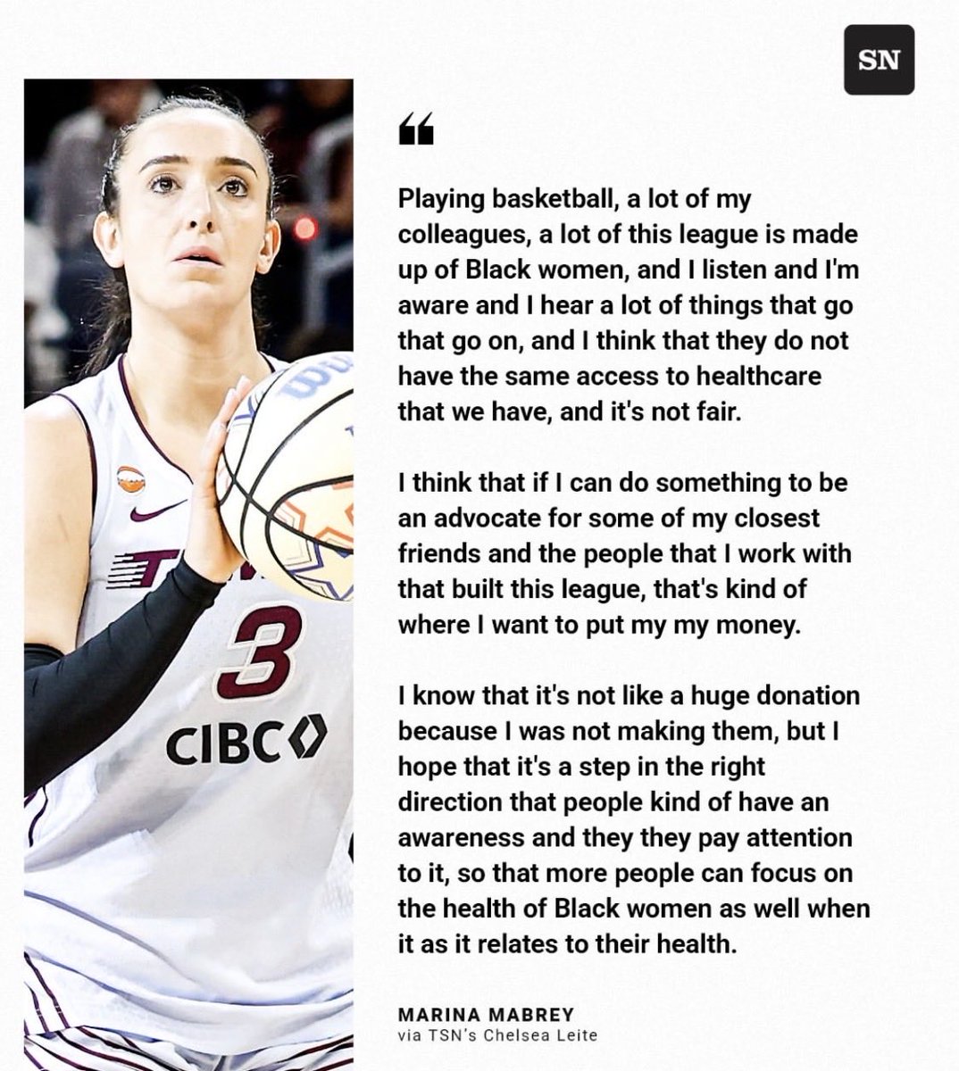 IamANideaX's tweet photo. Thank you @marinamabrey for recognizing an issue and putting action behind your words. Thank you for your active allyship and advocating for Black women's health in Toronto

Under Armour agreed to donate $500 for every three-pointer made by Marina Mabrey in the 3-Point Contest. 

Mabrey made 13 three-pointers during the contest, which resulted in a $6,500 donation to Black Women's Institute for Health in Toronto. 

After the ASG, Mabrey spoke about the donation.

Active allyship