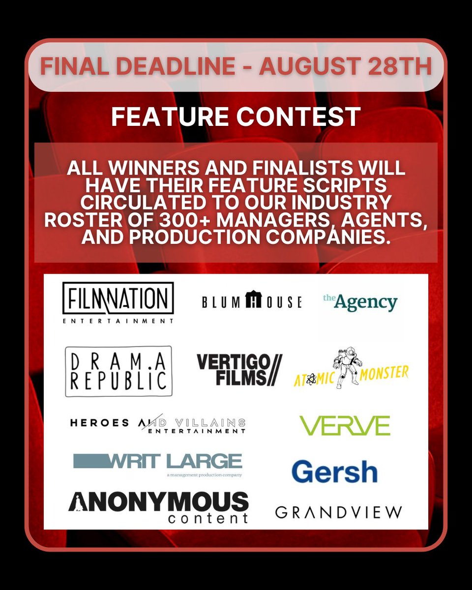 ShoreScripts's tweet photo. Every Feature Contest Winner and Finalist benefits from script circulation to our network of industry professionals, along with ongoing support from our dedicated Writer Development Manager. #screenwriting

Enter before the FINAL Deadline on August 28th!
https://t.co/YukpoZeJNL https://t.co/1ZDsM2C1uA