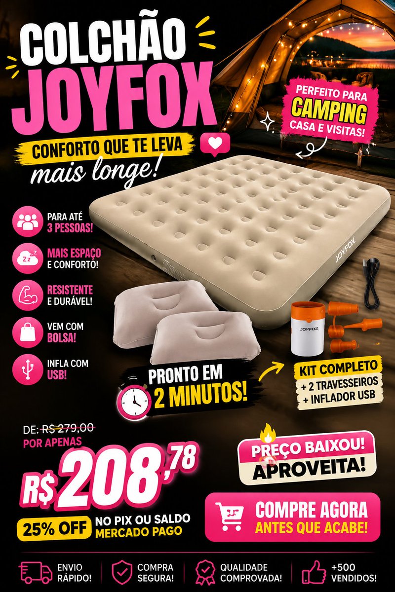 achadinhostom's tweet photo. 🏕️✨ Conforto em qualquer lugar! Colchão Inflável Joyfox King Size com inflador USB+2 travesseiros. De R$ 279,00 por R$ 208,78 no Pix. Corra antes que acabe!
 Clique no link!
👉https://t.co/Z2kG66iHIf

#Promoção #Oferta #Camping #ColchãoInflável #Joyfox #Achadinhos #MercadoLivre https://t.co/4jgsYN5AN0