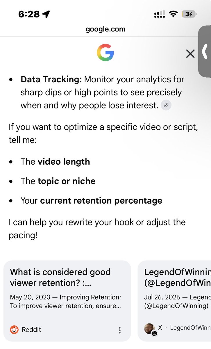 JaycmkB's tweet photo. @LegendOfWinning Sadly you’re screaming about the post when on google when you type in good viewer retention on google the AI generated answer uses sources like reddit YouTube oh and YOU they literally used your metric and you still just shitted on him 😭 https://t.co/AznjjEFJC6
