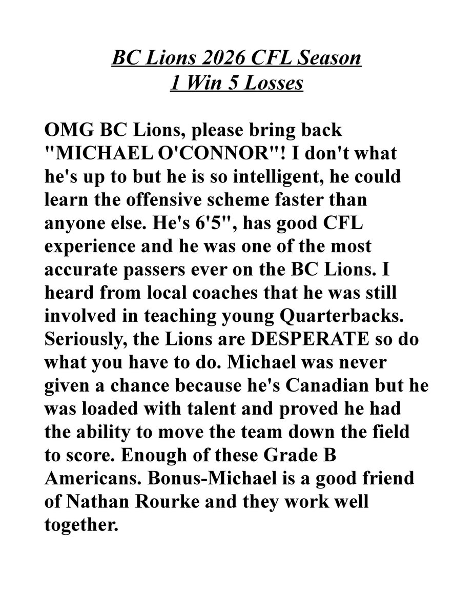 maleobserver's tweet photo. @BCLions @ProsperaCU July 25, 2026, the @BCLions my @CFL team playing my favourite sport, #CanadianRulesFootball, became the worst team in the league with a record of 1 win &amp; 5 losses. However, I have a suggestion-MC &amp; encouragement-it's been worse in the past then we flipped &amp; won the #GreyCup! https://t.co/BNpRulzEuG