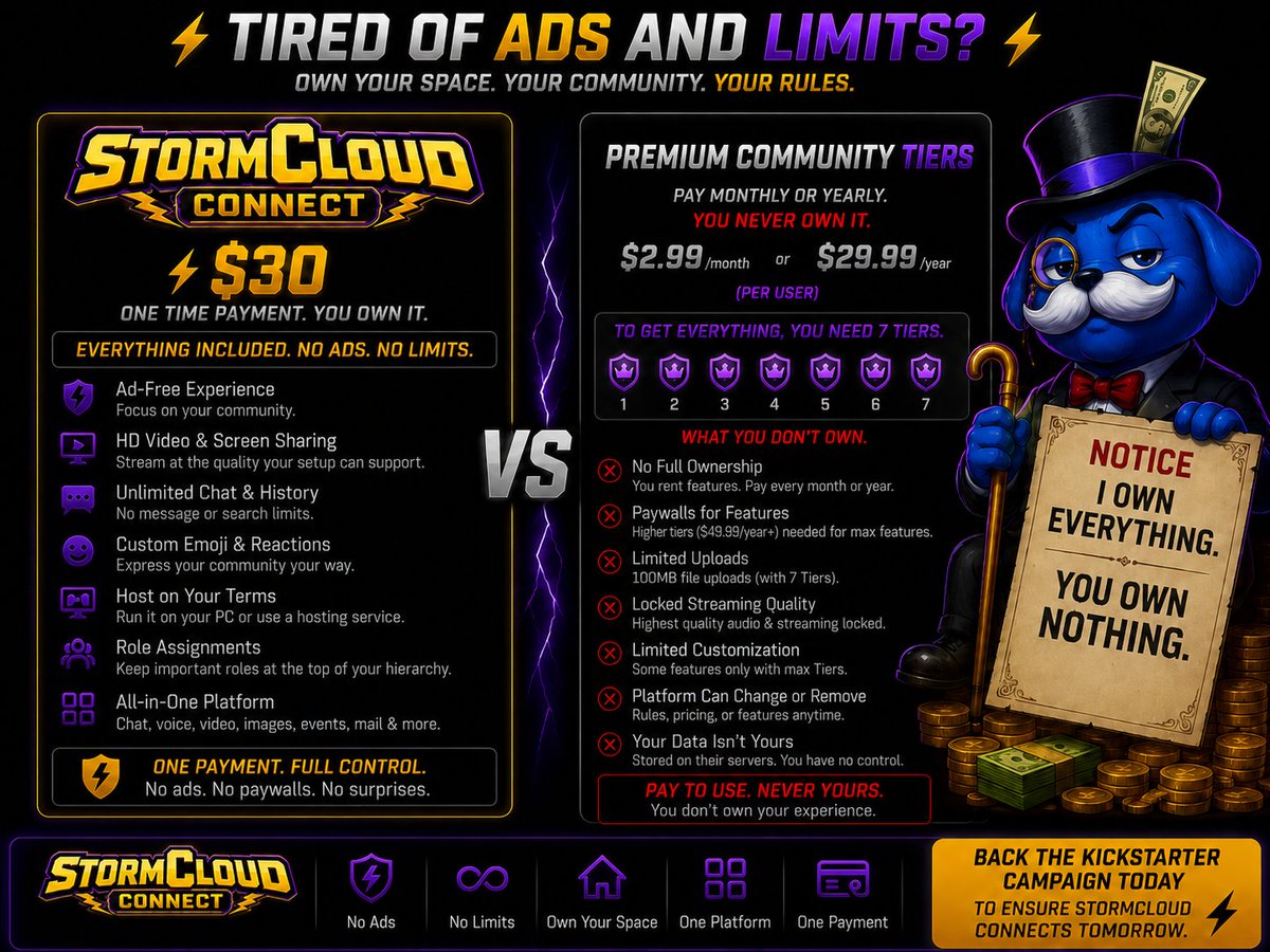 realRGarcia's tweet photo. Tired of paid limits on your streaming platforms?

StormCloud Connect is a private community platform with no in-app ads or monthly bill. Back the $30 digital tier and support competition.
https://t.co/MYr7qBEPFe

#VTuber #ENVTuber #IndieVTuber #Kickstarter #StormCloudConnect https://t.co/dLpMOu9Z1H