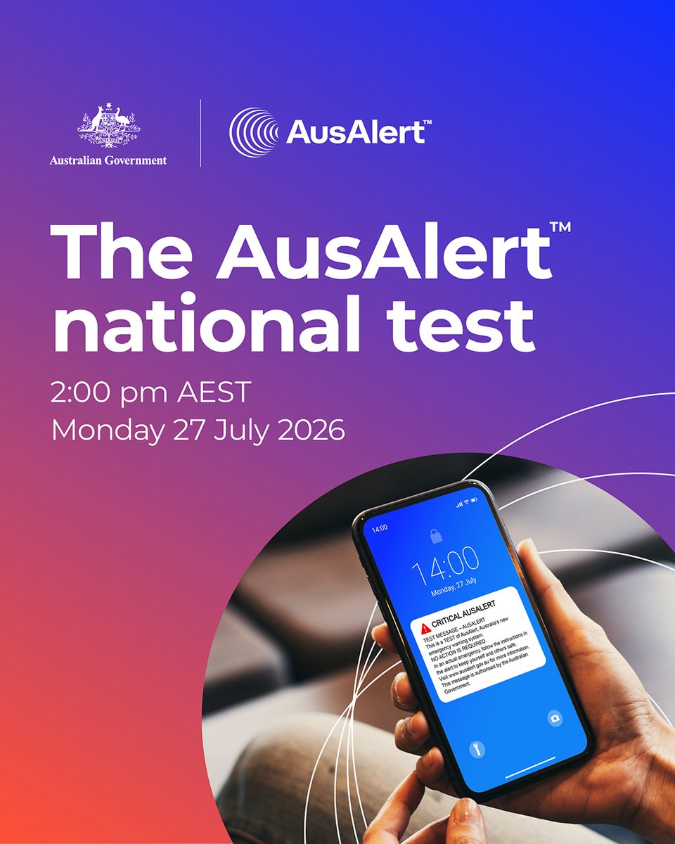 NSWRFS's tweet photo. Today, Monday 27 July 2026, the AusAlert system will be tested across Australia, with an alert being sent to all compatible mobile devices within NSW at 2pm. Your device will vibrate and make a loud siren-like sound for about 10 seconds before stopping. https://t.co/pIWm9gpPCg