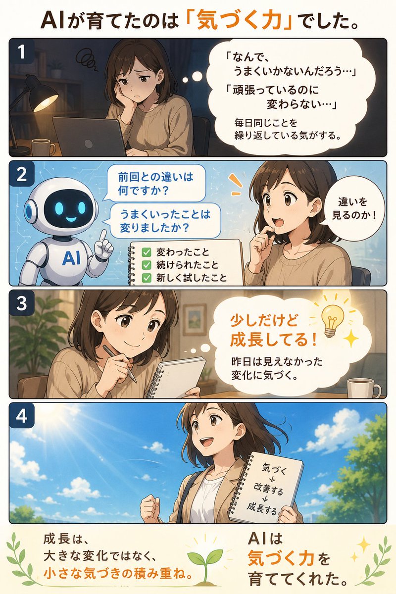 mfparallel's tweet photo. AIを使い始めてから、意外な変化がありました。

それは、「できていないこと」ではなく、「できるようになったこと」に気づけるようになったことです。

AIは、

「前回と何が違いましたか？」
「うまくいった点は何ですか？」

と問い返してくれます。

そのやり取りを続けるうちに、自分では見逃していた小さな成長や改善に目が向くようになりました。

大きく変わることだけが成長ではありません。

昨日より少し前に進めたことに気づける人ほど、成長を続けられる。

AIは答えをくれるだけではなく、自分自身の変化に気づくきっかけを与えてくれる存在なのだと感じています。🌱