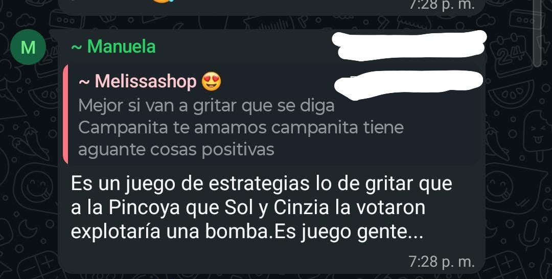 Falluta_Actriz's tweet photo. En el grupo de WhatsApp de campanita quieren tirar un grito falso para crear discordia y problemas entre Pincoya y las chicas!!! No pasarán 
#GranHermano https://t.co/tmrS383Vmt