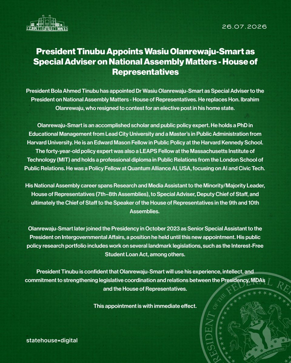 NGRPresident's tweet photo. President Tinubu Appoints Wasiu Olanrewaju-Smart as Special Adviser on National Assembly Matters - House of Representatives. https://t.co/iIDDOcL9BW