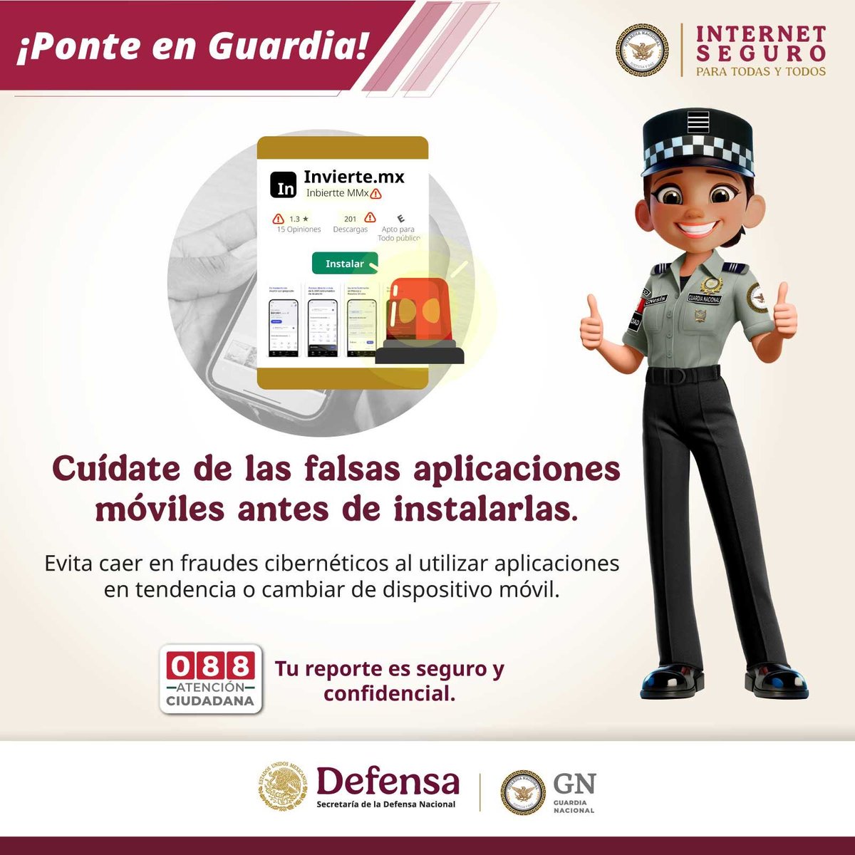 GN_MEXICO_'s tweet photo. ¡Ponte en Guardia! La #GuardiaNacional te brinda las siguientes recomendaciones ante aplicaciones móviles que podrían ser un fraude. Por un #InternetSeguroParaTodasYTodos Consulta el siguiente link: https://t.co/dtKkAiaKDL https://t.co/bUxyYXBo1l