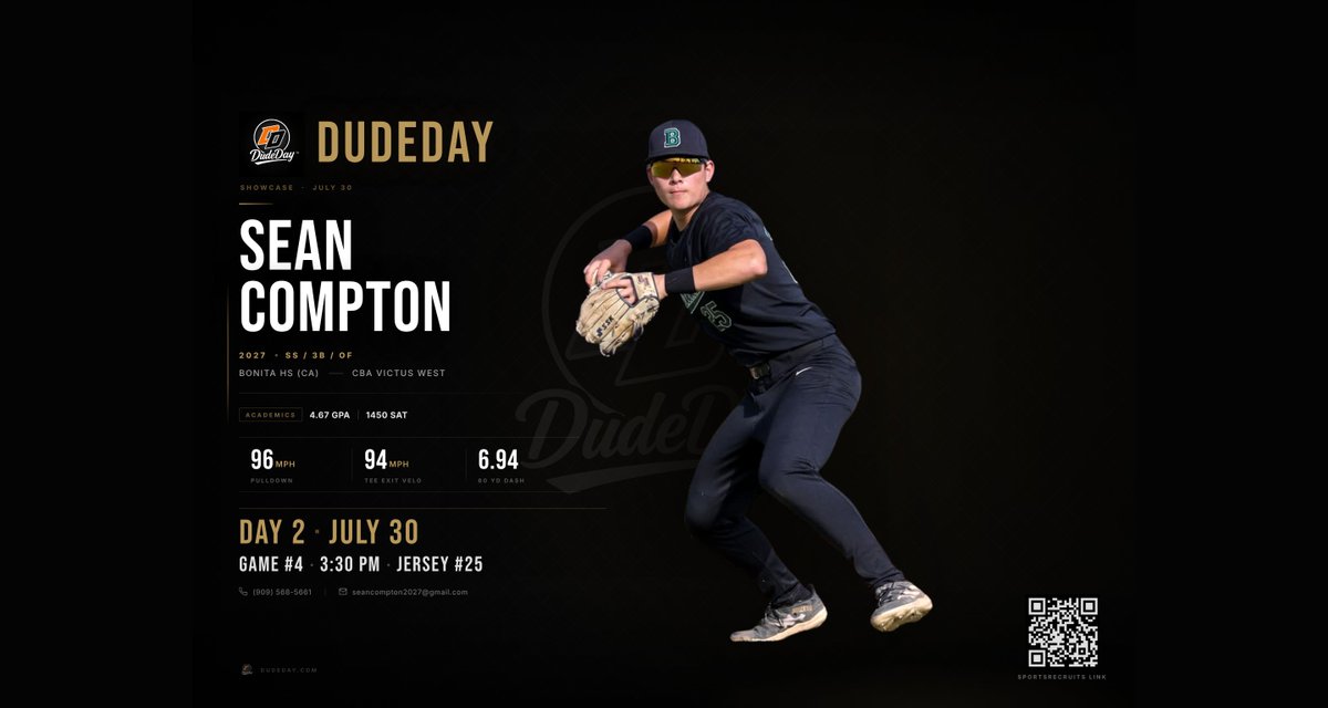 seancompton2027's tweet photo. 2027 SS/3B | 96 Pulldown | 94 Tee | 4.67 GPA

Excited to be at DudeDays Uncommitted Camp July 29-30 in Thousand Oaks, CA.

@Corey_Keane @Amckeon14 @Fholbrook33 @elliotglynn07 @justinbeck_11 @Coach_Klosty @Blake_McCoach @ehutt33 @EdKahovec @stoneeee_15 @Bonita_Baseball https://t.co/6yKspE1kIk