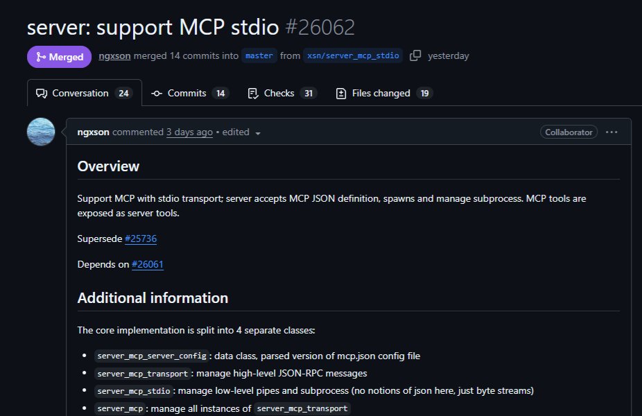 llama.cpp 주요 업데이트! llama-server에 네이티브 stdio MCP 지원 추가! llama.cpp가 이제 에이전트 대표 이미지