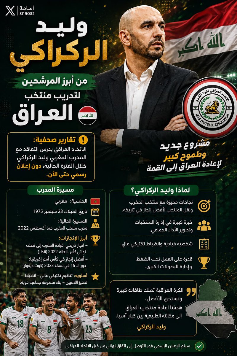 _LetterWriter_'s tweet photo. المغربي وليد الركراكي قريب من تدريب منتخب العراق. https://t.co/7mZMNWfgId