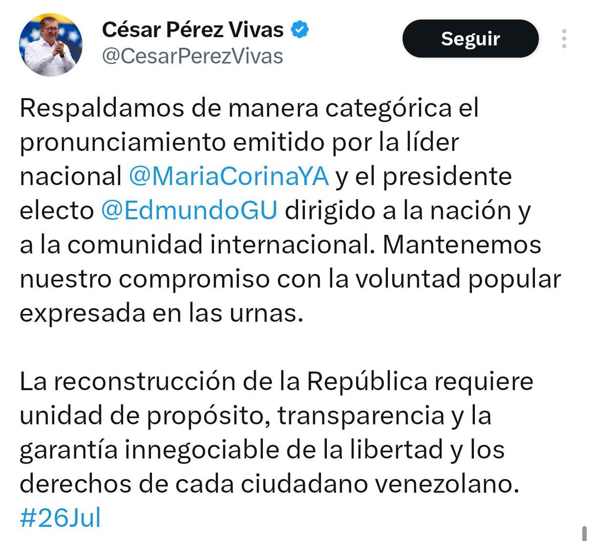 ImpactoVE's tweet photo. 🗣️ CÉSAR PÉREZ VIVAS RESPALDA PRONUNCIAMIENTO DE MACHADO Y GONZÁLEZ

El dirigente opositor, @CesarPerezVivas, expresó su respaldo al pronunciamiento de @MariaCorinaYA y @EdmundoGU reiterando su compromiso con la voluntad popular expresada en las urnas. Además, afirmó que la reconstrucción de Venezuela requiere unidad de propósito, transparencia y garantías para la libertad y los derechos de los ciudadanos.