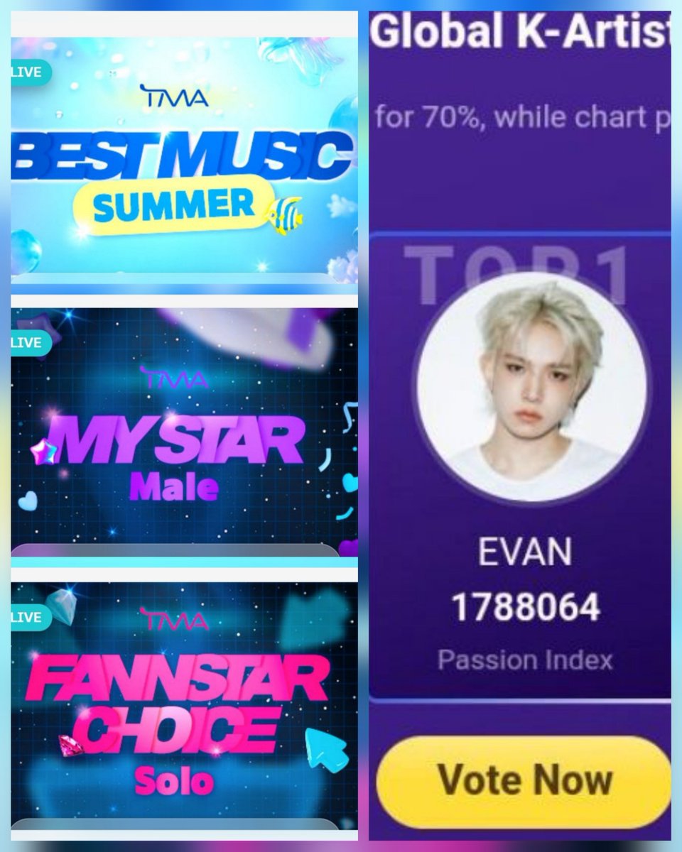 HeeseungUSA's tweet photo. 🗳 𝗧𝗼𝗱𝗮𝘆'𝘀 𝗩𝗼𝘁𝗶𝗻𝗴 𝗖𝗵𝗲𝗰𝗸𝗹𝗶𝘀𝘁 [Monday, 7/27] for EVERs and all Heeseung-lovers: 

✅️ D-3: Collect/buy blue jams for EVAN to win UPICK July Monthly Pick; winner gets an ad at COEX Media Tower

✅️ D-6: Vote for EVAN for FANNSTAR CHOICE - Solo in the Preliminary Round; winner after the final round gets the ‘Choice Award’ Trophy in the FANNSTAR Category at the 2026 TMA

✅️ D-6: Vote for EVAN for MYSTAR Award (Male) in the Preliminary Round; winner after the final round gets the ‘MYSTAR Award’ Trophy in the FANNSTAR Category at the 2026 TMA

✅️ D-6: Vote for EVAN for TMA BEST MUSIC (Summer) in the Preliminary Round; winner after the final round gets the ‘Best Music’ Trophy in the FANNSTAR Category at the 2026 TMA

✅️ D-7: Vote for Heeseung for Top 100 Best Vocalist in K-POP ; winner gets a trophy: https://t.co/1dmsYfzazm

✅️ D-14: Vote for EVAN for Global K-Artist on Joox App; winner wins the Global K-Artist Trophy at the 2026 TIMA

✅️ D-17: Vote for EVAN & Kim Gi Pil's From Awkward to Close for GS25 x Mnet Plus July SNACK PLAY!; each vote costs points; the No.1 clip will be featured on GS25 Window Media nationwide

Let's all vote for EVAN so that he can win more trophies and ads 🏆 
Let's make EVAN happy!

#EVAN #HEESEUNG 
#에반 #희승 #李羲承 #ヒスン 
@h_evva_n @evan_officialJP