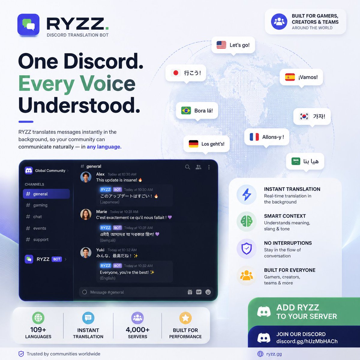 Ryzzofficial34's tweet photo. 🌍 One Discord. Every voice understood.

RYZZ helps global Discord communities communicate naturally with instant translation across 109+ languages.

No barriers. No interruptions. Just seamless conversations.

🌐 https://t.co/prPIHYgOXt
💬 https://t.co/OKQLMSxBhV
#Discord #Ryzz https://t.co/zMKWIYzntD