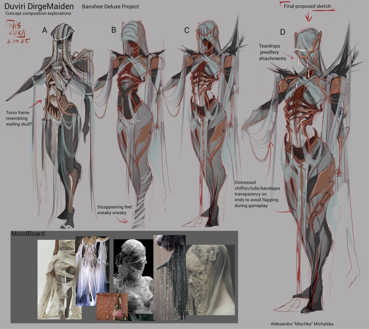 M15CHKA's tweet photo. Banshee Deluxe - process pt.1
4 themes including moodboard highlights that led to the proposed sketches. 
When sketching initial silhouette I always keep moodboard handy to stick to the “current path”. It really helps if your mind is occupied with many different ideas at once. https://t.co/hdoBJKinve
