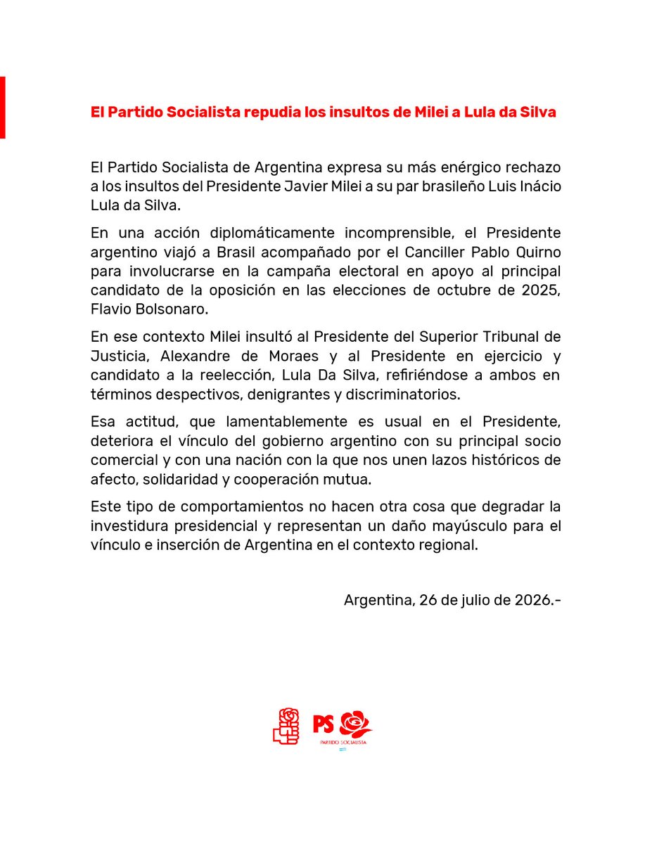 ps_argentina's tweet photo. Repudiamos los insultos de Javier Milei a @LulaOficial. Sus agravios dañan la relación con Brasil, nuestro principal socio comercial, y perjudican los intereses del país. 

Necesitamos una política exterior basada en el respeto, la cooperación y la defensa del interés nacional.👇 https://t.co/1TrNOPdvlP