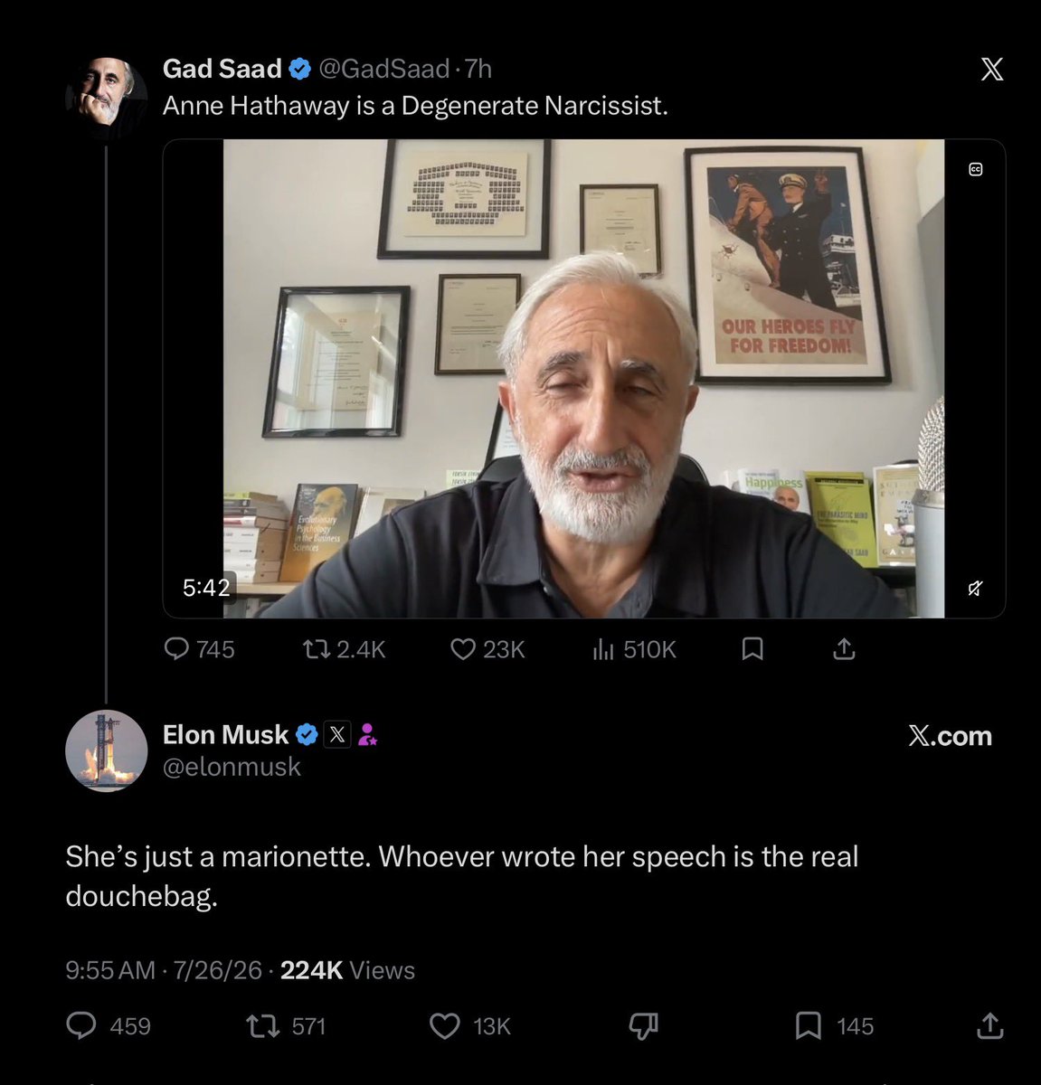 jimstewartson's tweet photo. When a malignant narcissist is humiliated—by embarrassing himself in an interview, or predicting the demise of a movie because of a Black actress and watching it be successful—he receives a severe injury to his ego that must be patched up through grandiose projection.

He obsesses, perseverates about revenge and picks a target to use as an object for his sadism which restores his self-image of dominance and omnipotence.

He has chosen, of all people, Anne Hathaway. His line of attack is that she is a “bird brain,” a “robot,” a “marionette,” “doesn’t think for herself,” has a “script,” and is an “NPC” (non-player character). This dehumanizing, misogynist rhetoric is purely designed to restore order in his mind by locating his scapegoat as a different species altogether.

To bolster this narrative he has given his own script to his personal paid actor Gad Saad, a revolting propagandist dedicated to deleting empathy from humanity because Elon has none and finds it inconvenient in others.

All of this because Anne Hathaway starred in a movie Elon hated months before it was finished.

Elon Musk is existentially dangerous to all of us. There is NO BOTTOM to what he will do once he’s finally cornered by his own hubris and disorders.