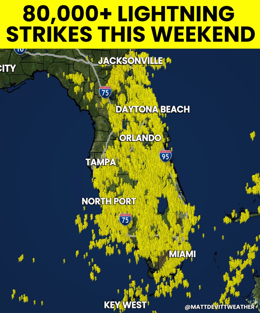 MattDevittWX's tweet photo. 80,000+ LIGHTNING STRIKES! ⚡️ 
Florida definitely lived up to its reputation this weekend with an electrifyingly large number of strikes from strong storms on Saturday and Sunday. Every single yellow bolt you see below is a strike! https://t.co/ZwDT41m9iU