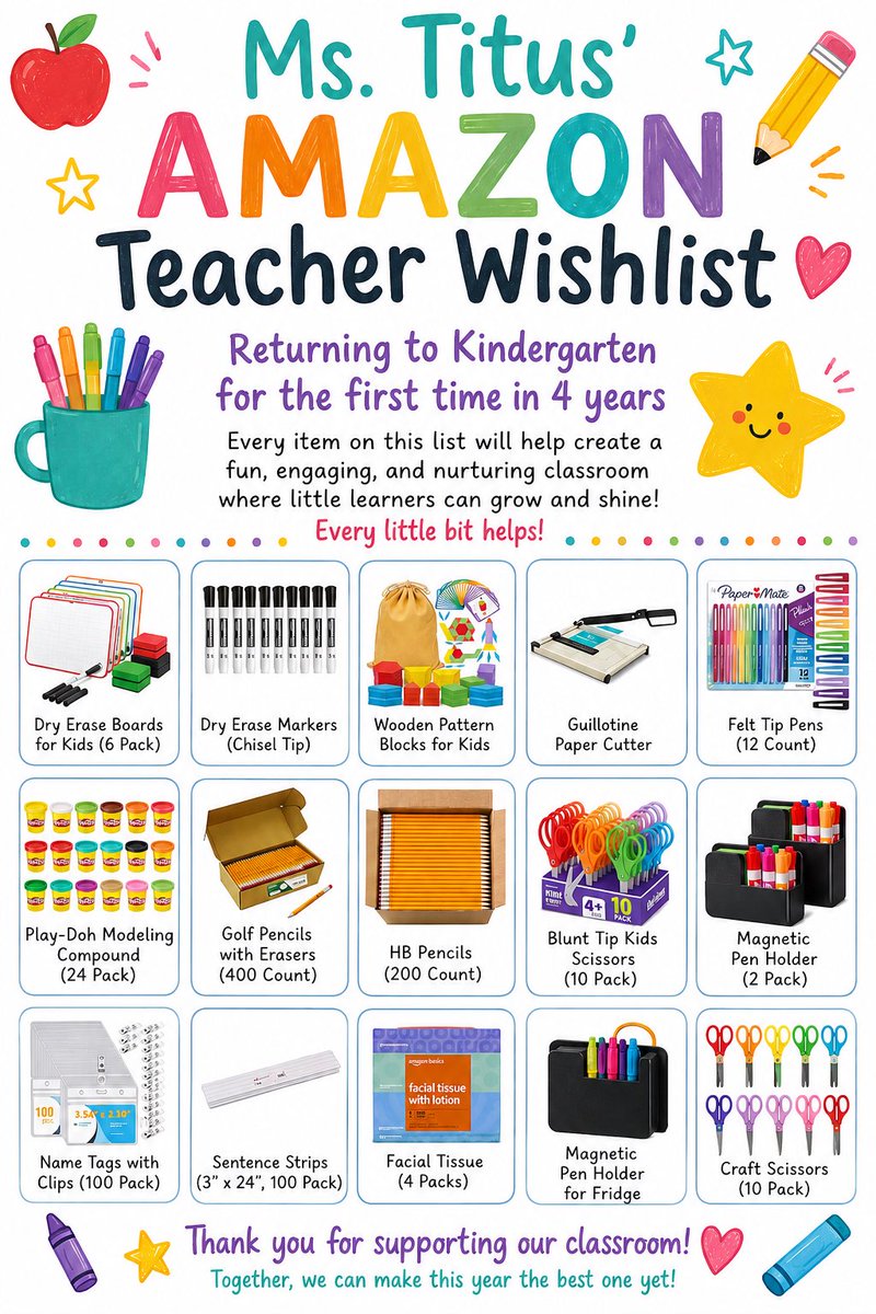 CandiTitus2's tweet photo. Excited to be moving back to Kindergarten!  It’s been a rough summer but can’t wait to see all the smiles on my students faces this year!   Please consider helping me give them a great start! https://t.co/ob29wSdIxz
#teacherwishlist #clearthelist #clearthelists2026 #helpateacher https://t.co/EQpEfPy05P