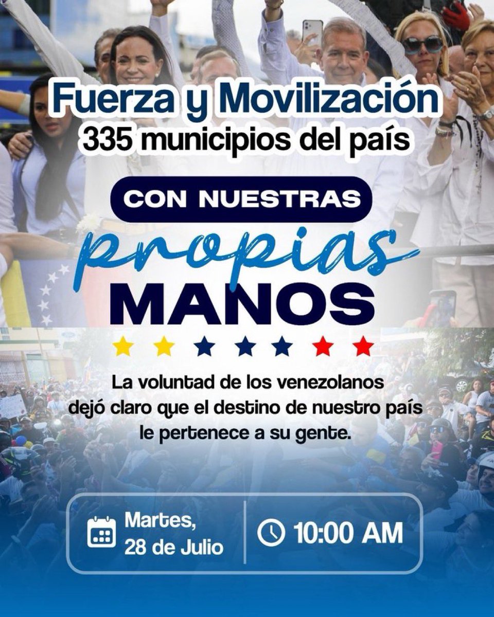 SantiagoRafa11's tweet photo. 🇻🇪 URGENTE | El partido @VenteVenezuela convoca a una movilización en los 335 municipios del país para este 28 de julio, a 2 años de la gran victoria de la gente.

📅 28 de julio
🕙 10:00 AM
📍 335 Municipios en simultáneo
👕 Franela de Vente + Bandera de Venezuela https://t.co/FzyESlfdCX