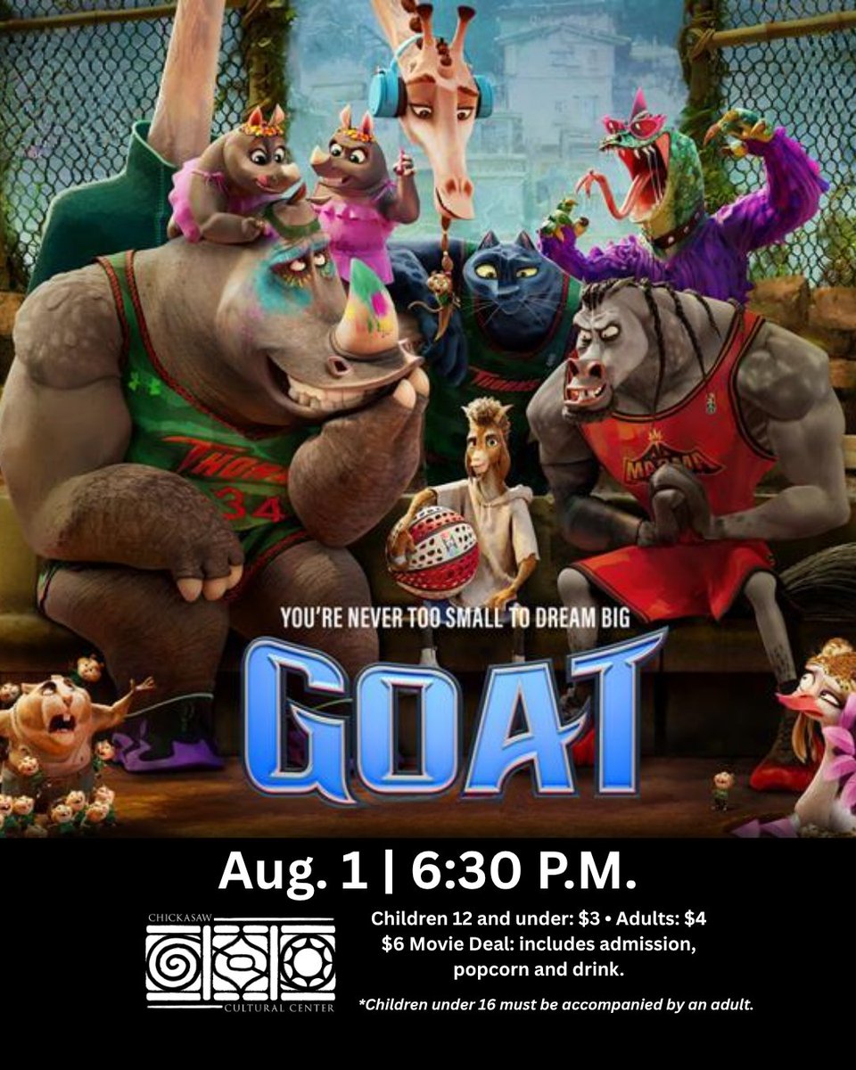 ChickasawCCC's tweet photo. Witness big dreams come to life when “Goat” makes a fast break across the big screen in the Anoli' Theater this Saturday, Aug. 1. https://t.co/Sn1DfrjR3H