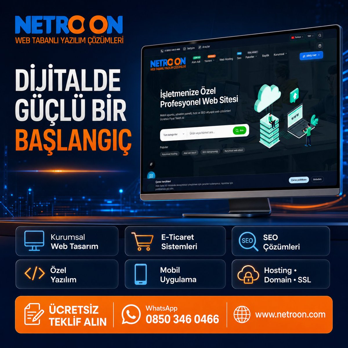 netroontr's tweet photo. 🚀 DİJİTALDE FARK YARATIN!

İşletmenizi güçlü, modern ve profesyonel dijital çözümlerle geleceğe taşıyoruz.

💻 Kurumsal Web Tasarım
🛒 E-Ticaret Sistemleri
📈 SEO ve Google Görünürlüğü
⚙️ Özel Yazılım Çözümleri
📱 Android ve iOS Mobil Uygulama
🌐 Hosting, Domain ve SSL
📣 Sosyal Medya ve Dijital Reklam

✅ Mobil uyumlu tasarım
✅ Hızlı ve güvenli altyapı
✅ Kolay yönetim paneli
✅ Markanıza özel çözümler
✅ Türkiye genelinde profesyonel hizmet

✨ FARKI NETROON İLE YAŞAYIN!

Ücretsiz bilgi ve teklif almak için hemen ulaşın:

📲 WhatsApp: 0850 346 0466
☎️ Telefon: 0532 565 3834

🌐 https://t.co/5CdOMmlNaG

#Netroon #WebTasarım #ETicaret #SEO #Yazılım #MobilUygulama #DijitalPazarlama #TürkiyeGeneli
