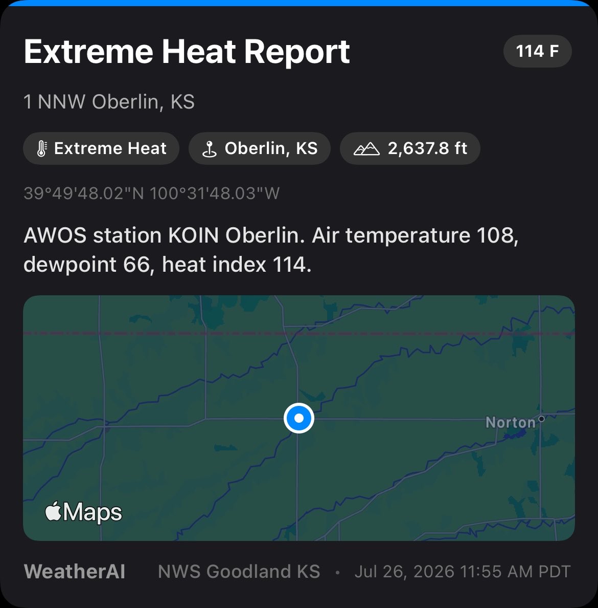 WeatherAI_'s tweet photo. Sure is hot today for a large portion of the U.S. Temps above 100 with high dew points leading to high heat indexes. One report in Kansas with a heat index of 114. Stay safe and cool! https://t.co/FgzeF19xGs