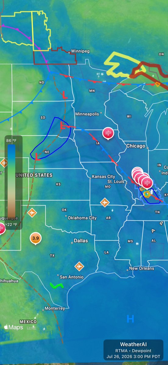 WeatherAI_'s tweet photo. Sure is hot today for a large portion of the U.S. Temps above 100 with high dew points leading to high heat indexes. One report in Kansas with a heat index of 114. Stay safe and cool! https://t.co/FgzeF19xGs