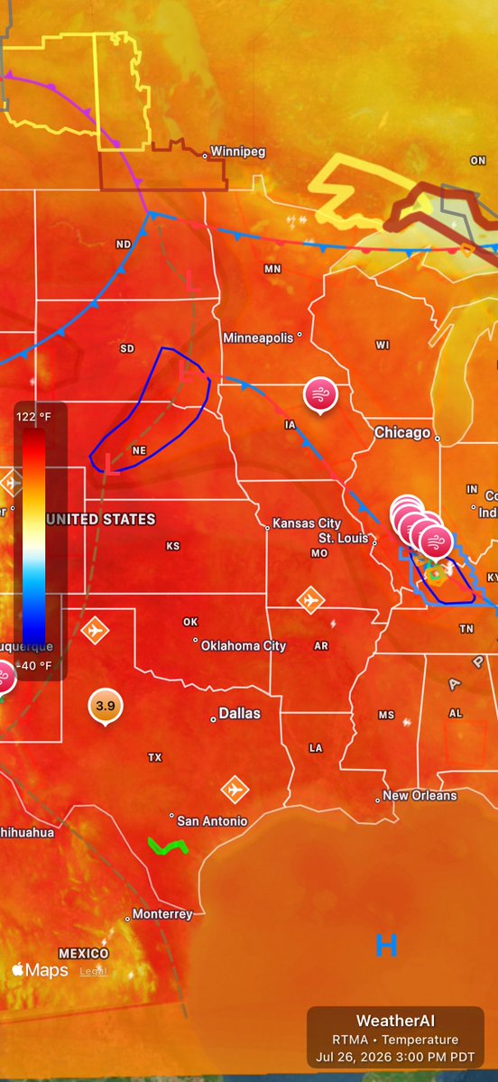 WeatherAI_'s tweet photo. Sure is hot today for a large portion of the U.S. Temps above 100 with high dew points leading to high heat indexes. One report in Kansas with a heat index of 114. Stay safe and cool! https://t.co/FgzeF19xGs