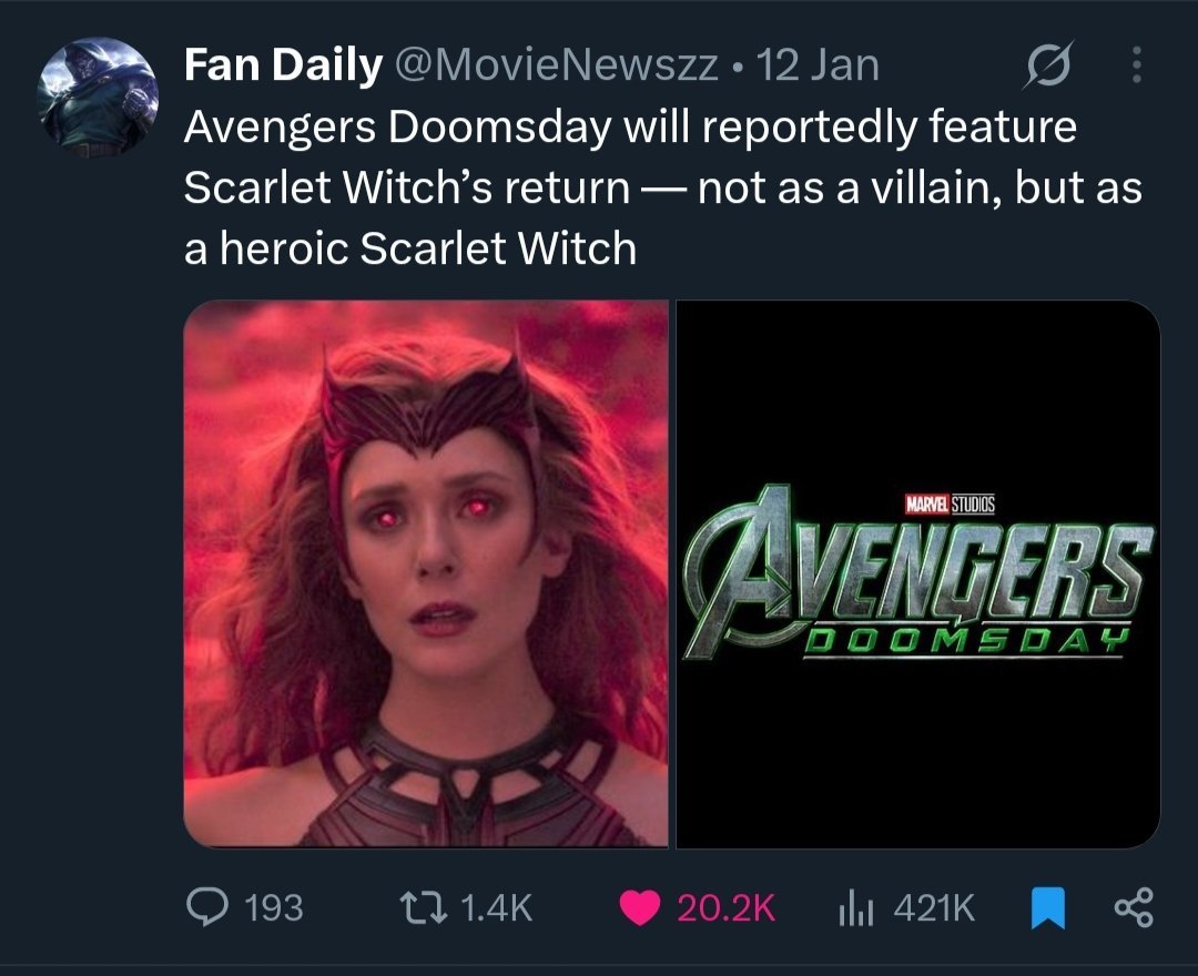 boonvsion's tweet photo. It's actually insane how much impact Wanda still has.
Years after her last appearance, one rumor is enough to set the entire fandom on fire.
Marvel... the demand is literally right in front of you....@MarvelStudios https://t.co/CCcatObmAj