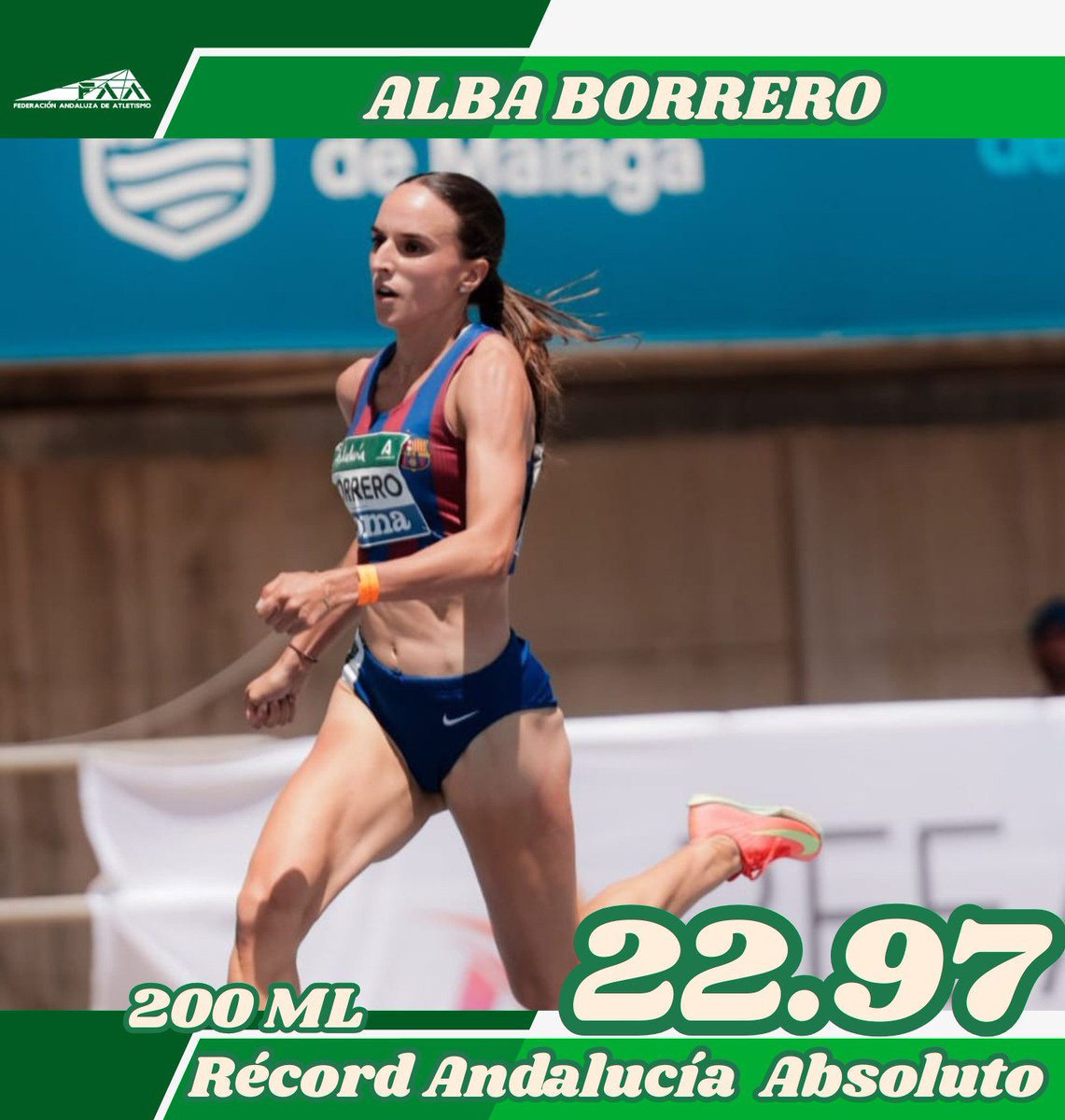 atletismoFAA's tweet photo. 💥 Nuevo récord de Andalucía absoluto de 200ml‼️

🚀ALBA BORRERO @albaborrero98
⏱️ 2️⃣2️⃣.9️⃣7️⃣
📍 Málaga 

🇬🇧 Mínima para el próximo europeo https://t.co/g1dJawF4Em