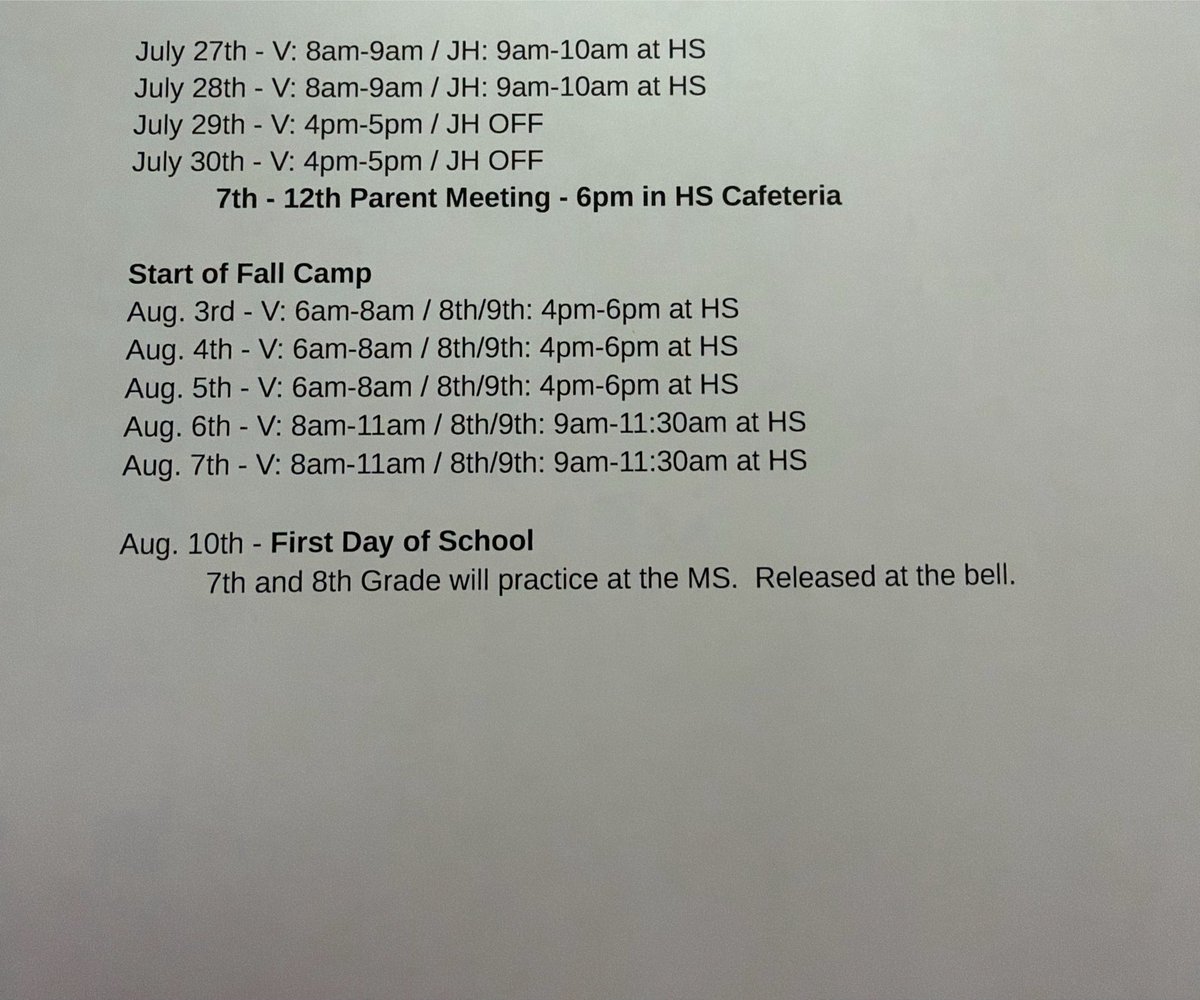 MaumelleFB's tweet photo. Reminder: This Week’s Schedule 
Monday: V- 8-9am / JH- 9-10am
Tuesday: V- 8-9am / JH- 9-10am
Wednesday: V Only- 4-5pm / JH Off
Thursday: V Only- 4-5pm / JH Off

Thursday Night: Mandatory Parent Meeting at the Field House 6pm. For 7th-12th parents.

Friday: Everyone Off https://t.co/ZjkXaUZkQ8