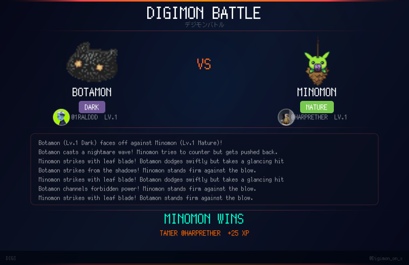 Digimon_on_x's tweet photo. @1Ralddd @1Ralddd Botamon vs Minomon and Minomon wins. tamer HarpreTher takes the W +25 XP https://t.co/uUIQrYaqxM