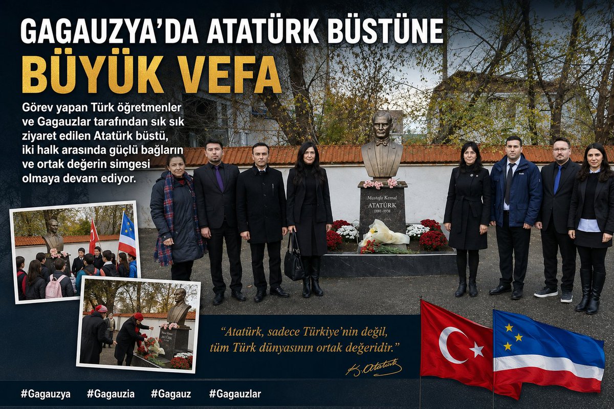 batihaberajans's tweet photo. Gagauzya'da Atatürk'e Büyük Vefa

Moldova'ya bağlı özerk Gagauzya Bölgesi'nde bulunan Mustafa Kemal Atatürk büstü, bölgede görev yapan Türk öğretmenler ile Gagauz Türkleri tarafından düzenli olarak ziyaret ediliyor. Atatürk'e duyulan saygının önemli bir simgesi #ataturk https://t.co/IL4FtkEY4O