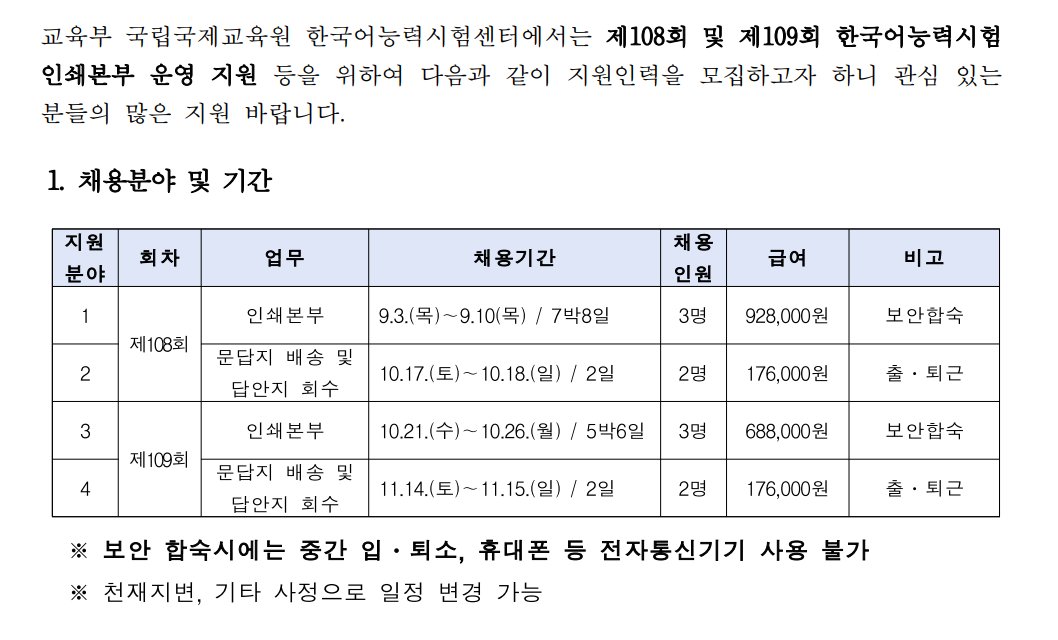 tendong91's tweet photo. 교육부에서 TOPIK 한국어능력시험 인쇄본부 일용직을 뽑는데 수능마냥 (근데 수능보다 짧게) 2일 출퇴근 or 일주일 보안합숙 하면서 인쇄지 관리하면 최대 92만 원까지 벌 수 있다고 함 https://t.co/0NHkliaTmE