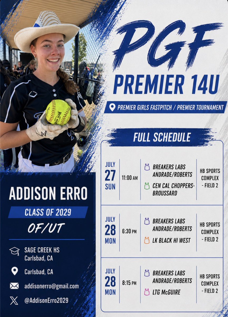 AddisonErro2029's tweet photo. 🥎 PGF Schedule 🥎
Excited for this weekend at PGF! Can’t wait to compete and leave it all out on the field.

@BreakersAndrade 
@5_recruiting 
@upnextrecruits 
@TOP_D1RECRUITS 
@CoastRecruitsSB 
@CoastRecruits 
@TGETalent 
@TopPreps 
@LineDsoftball https://t.co/TQzJiWiiSw