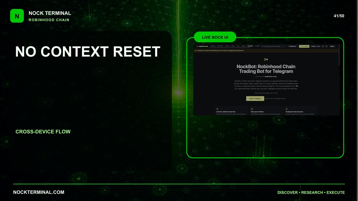 NockTerminal's tweet photo. Desktop research and Telegram execution should feel like one product.

The token, wallet and risk context should survive the handoff. https://t.co/XoQ3vbRkNy
