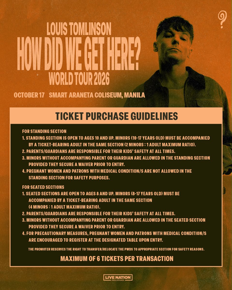 livenationph's tweet photo. Reminder, Louies! 🎶 Artist Presale starts TODAY at 10AM and runs until July 28 at 10AM. Make sure you've already signed up at https://t.co/tw3YCjO9M7.

Louis Tomlinson: How Did We Get Here? World Tour 2026
📅 October 17, 2026
📍 Smart Araneta Coliseum

For more details, visit https://t.co/TFXFfjw9Mh.

#LouisTomlinsonInManila