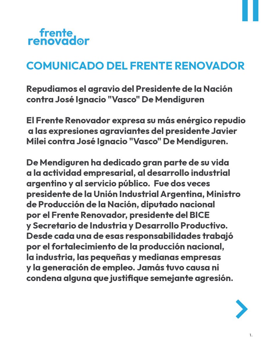 FrenteRenovador's tweet photo. INSULTAR NO ES GOBERNAR

Milei confunde el poder con un escenario. Ataca a la oposición, a los periodistas, a los artistas, a cualquiera que piense distinto. Descalificar es su forma de gobernar.

La Argentina no necesita un presidente que agreda. Necesita uno que gobierne. https://t.co/PLpUfI7zhh