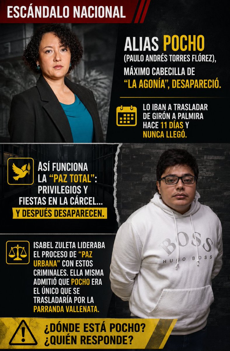 Buritica_news's tweet photo. ATENCIÓN:
Alias Pocho, cabecilla de bandas criminales en Itagüí, no aparece.
Lo sacaron por “buena conducta” después del vacilón con trago y prostitutas en el penal.
¿Qué tiene que decir Isabel Zuleta?
¿Será que ella intermedio para el traslado, o estará pagando un favor?.🤔 https://t.co/zOxcYvYe0s