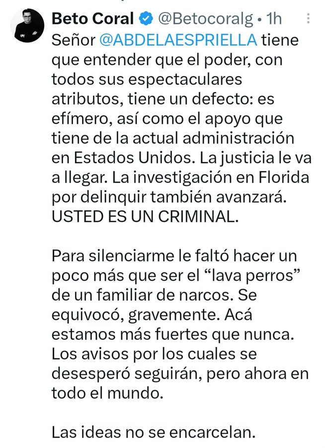 silvioravel's tweet photo. Jugando con candela Sr Beto Coral? Quiere pasar de expulsión de USA a cárcel en Colombia? Ya una vez tuvo que retractarse por tratar de criminal a Uribe y ahora busca lo mismo con De La Espriella? Recuerde que Abelardo no tiene el corazón grande de Uribe. Con este es en serio https://t.co/FhY6EwDD5U
