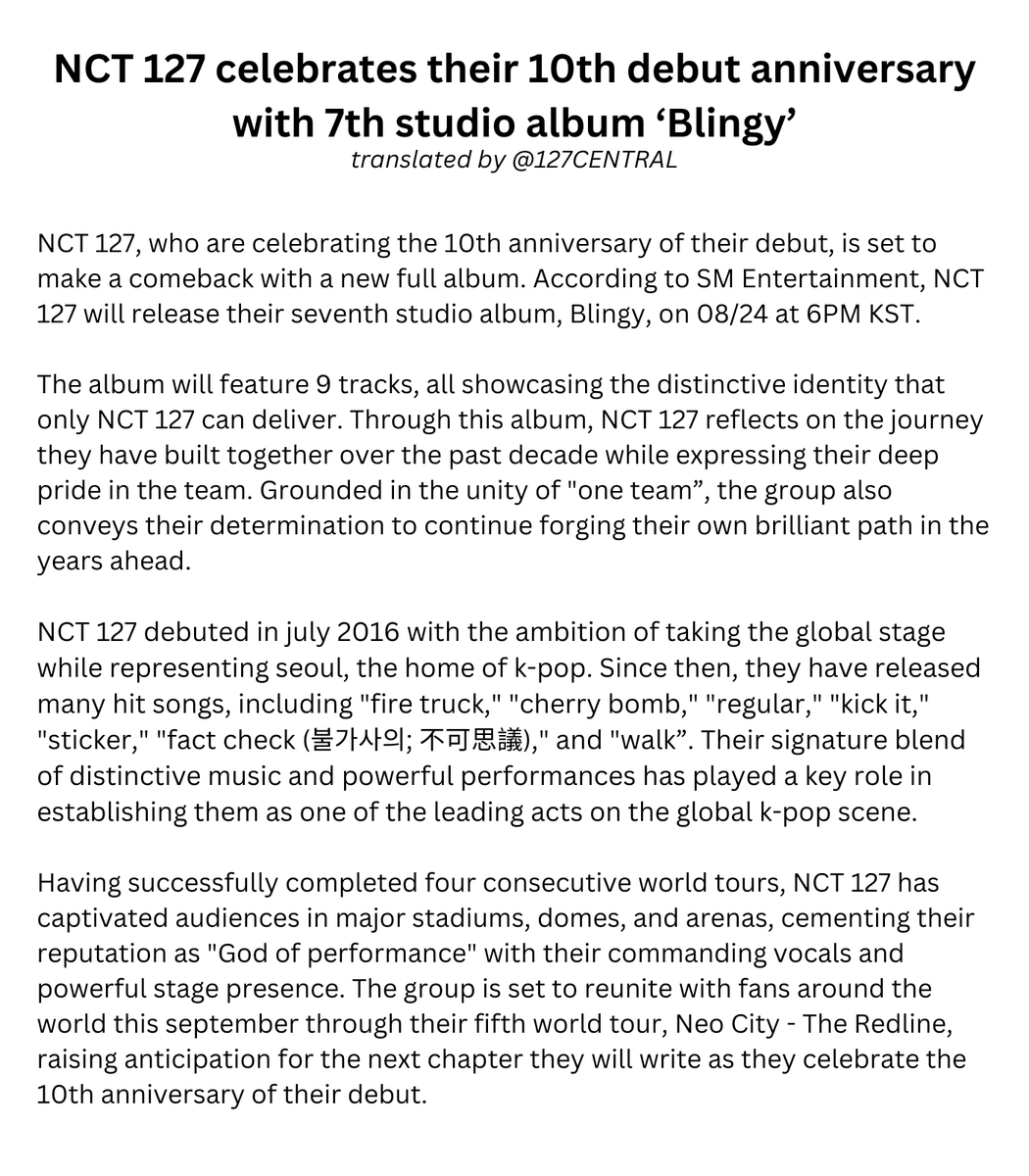 127CENTRAL's tweet photo. 270726 [PRESS] #NCT127 celebrates their 10th debut anniversary with 7th studio album ‘Blingy’

"Through this album, NCT 127 reflects on the journey they have built together over the past decade while expressing their deep pride in the team."

@NCTsmtown_127 https://t.co/h4w4Tqi7r1