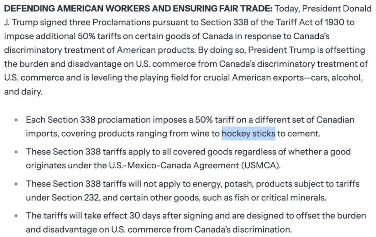 alwaysinvests's tweet photo. Trump just put a 50% tariff on hockey sticks coming from Canada 😂 https://t.co/HhNMyYRfHC