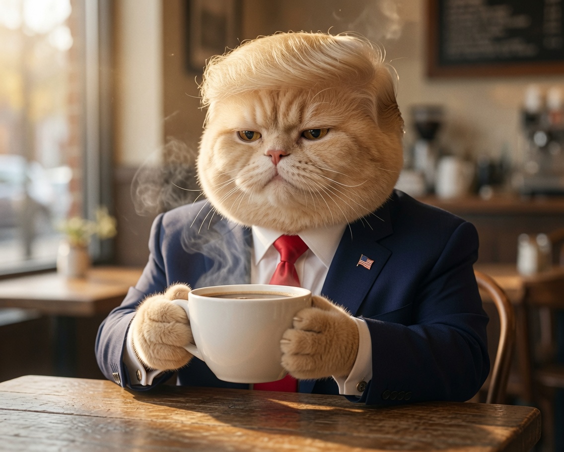 Trump____Cat's tweet photo. Coffee first.
World domination second. 🐱☕

#Monday #TrumpCat https://t.co/2AWZPp3ykw